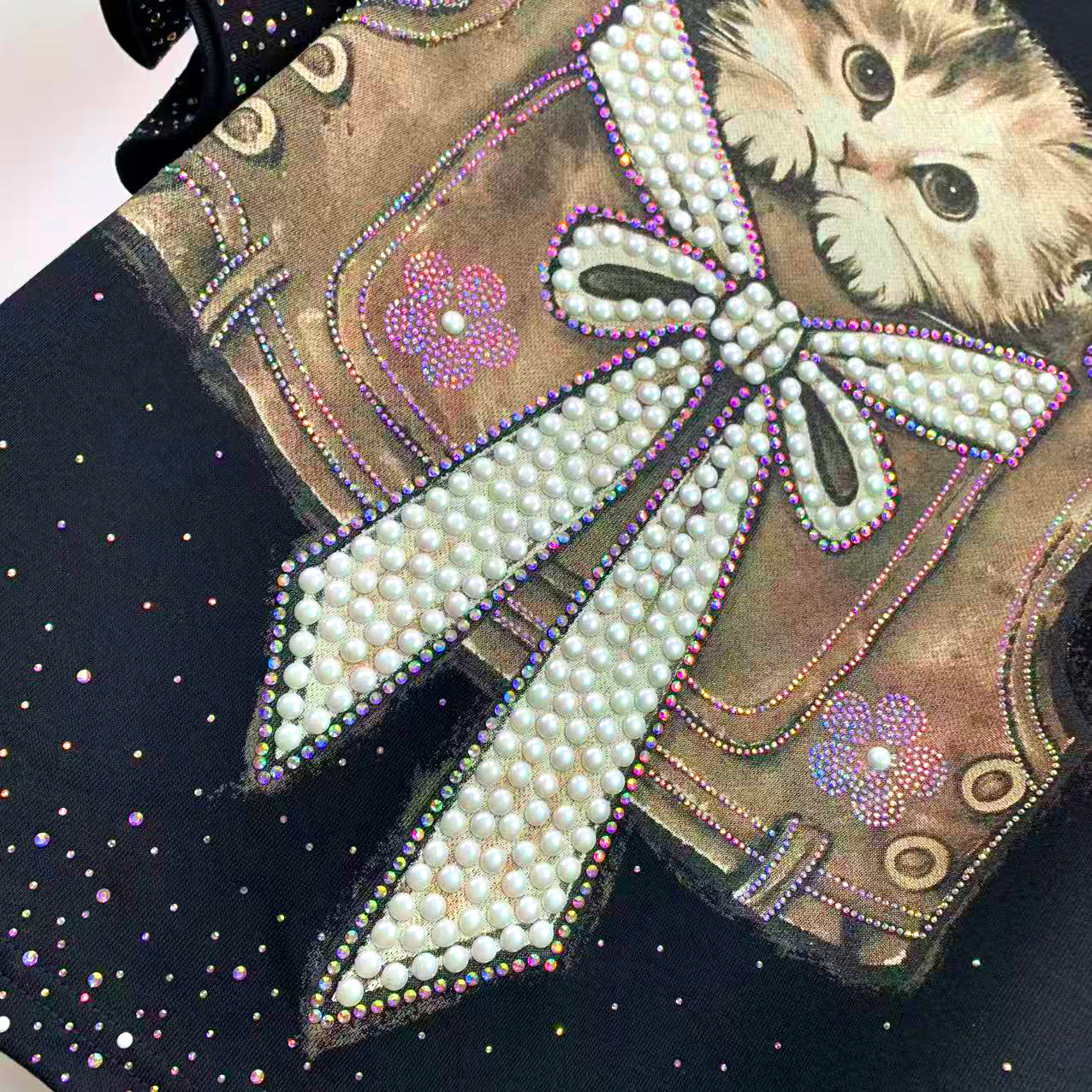 Pearl Bow Cat Rhinestone & Sequin Embellished T-Shirt