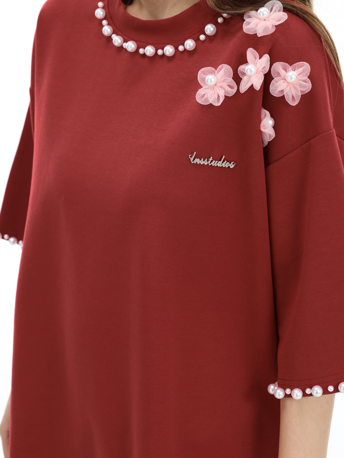 3D Floral Pearl Embellished T-Shirt | Oversized Designer Statement Tee