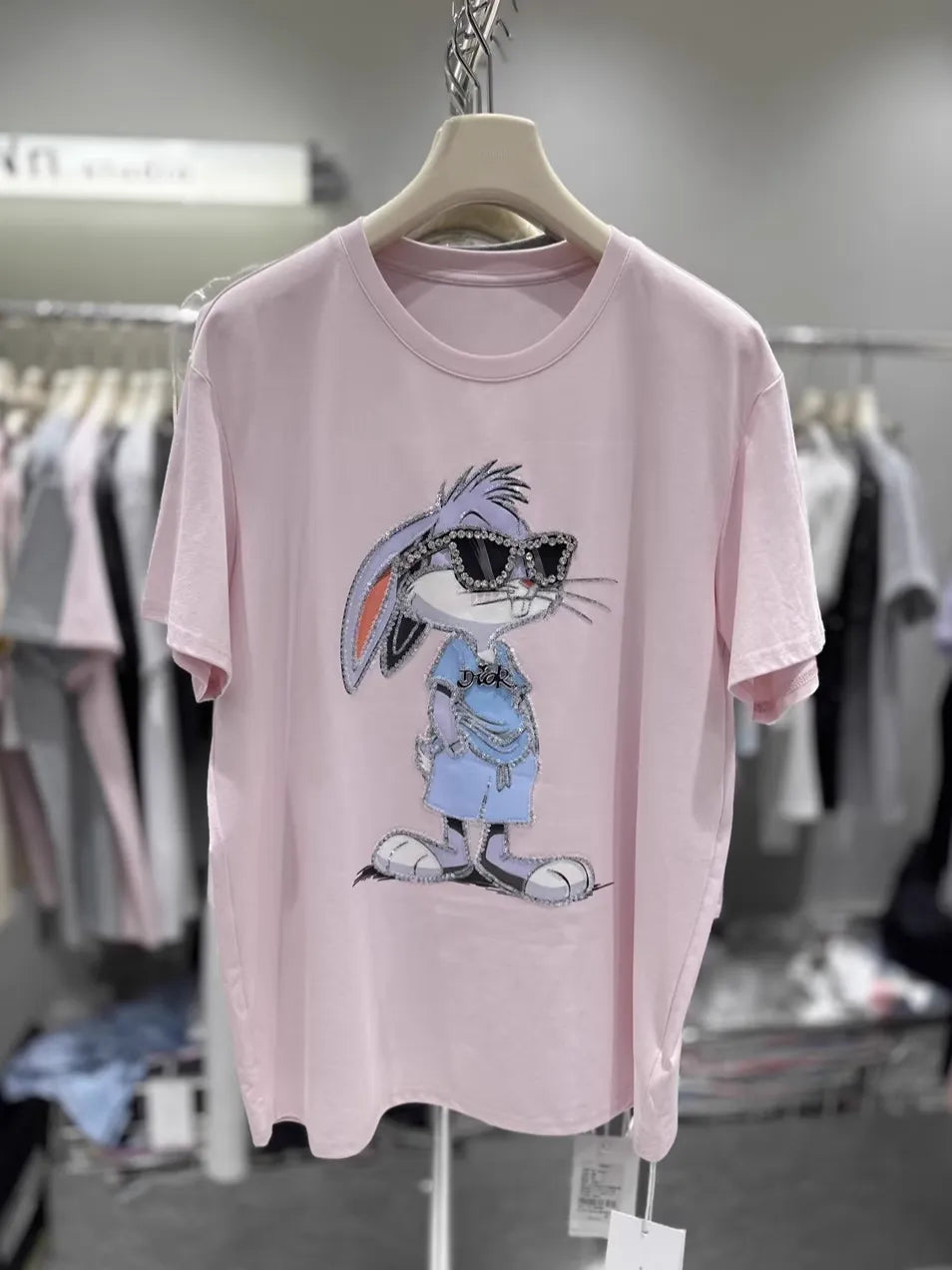 Cartoon Diamond Embellishments + Embroidered Bead Sunglasses Bunny Short-Sleeve T-Shirt
