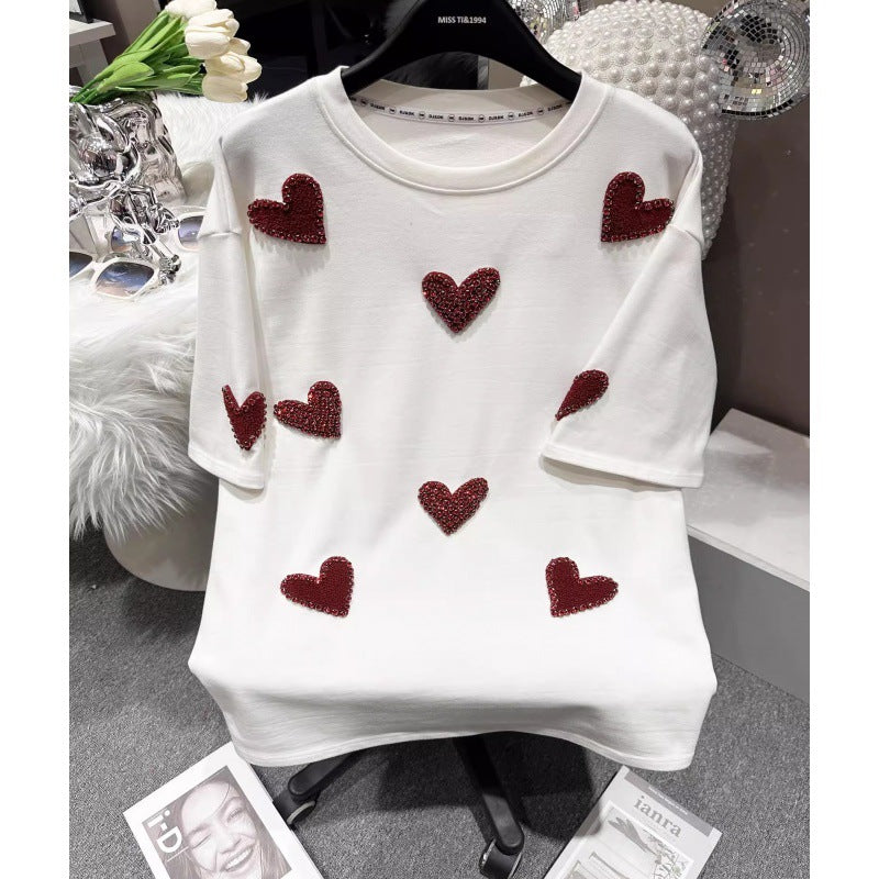 2025 Spring New Creative Design-Brushed Flocking Diamond Heart Short Sleeve