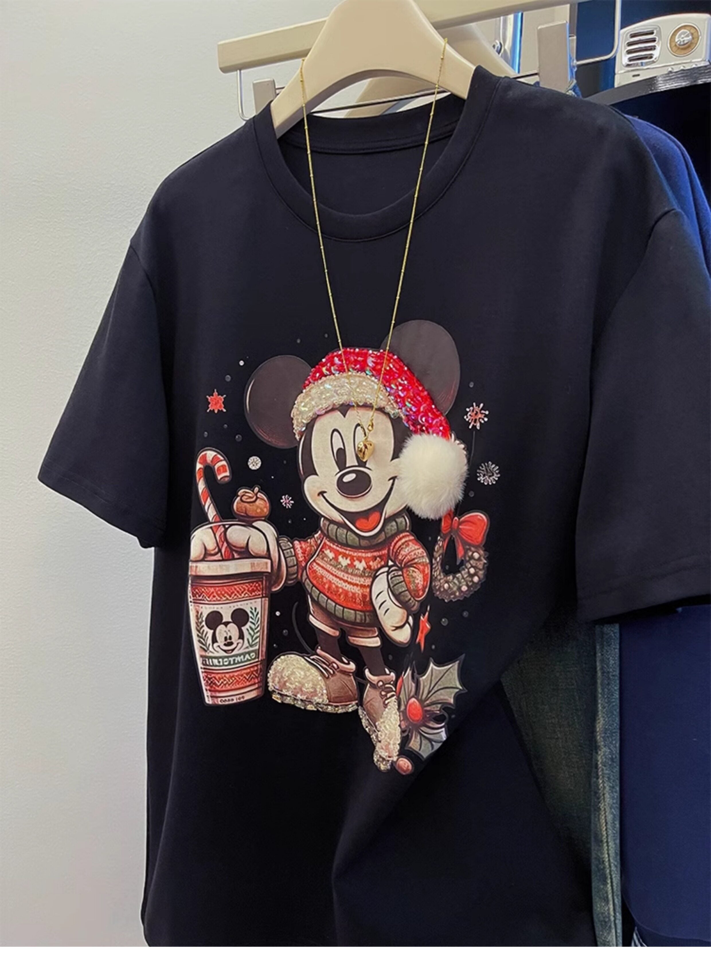 Christmas Mickey Mouse Graphic T-Shirt | 220G Heavy Cotton Tee with Handmade Beaded Embroidery & Festive Holiday Design