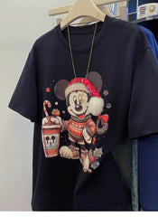 Christmas Mickey Mouse Graphic T-Shirt | 220G Heavy Cotton Tee with Handmade Beaded Embroidery & Festive Holiday Design