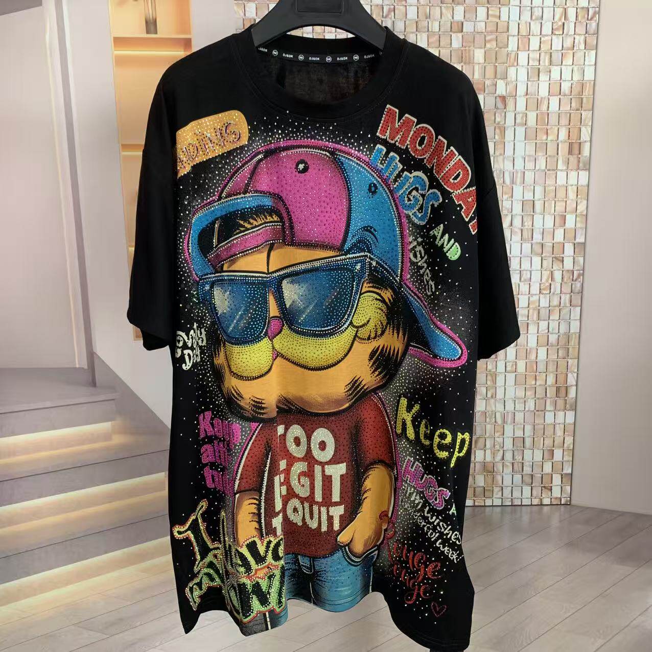 A216 - Garfield Y2K Multi-Color Rhinestone Tee - 320g Ultra-Heavyweight Cotton - Premium Bling Character Streetwear Boxy T-Shirt