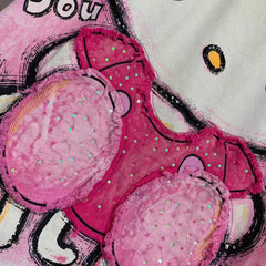 A250 - Washed Distressed Hello Kitty Graphic Oversized Appliqué T-Shirt – Streetwear Cotton Tee