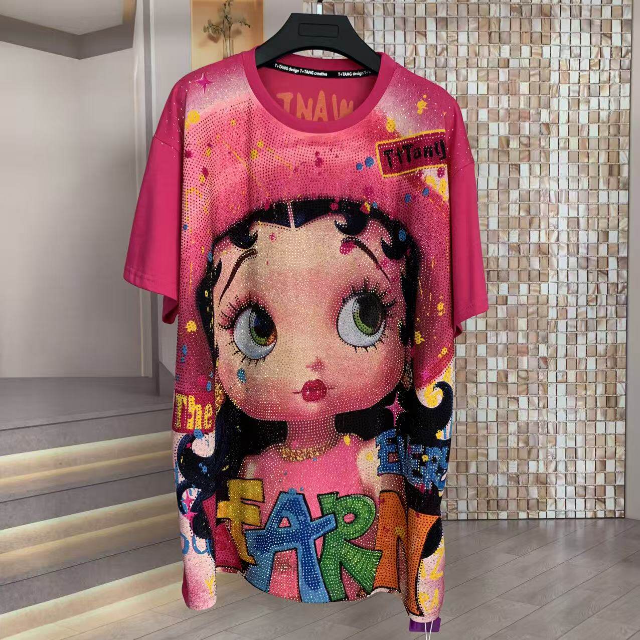 A245 - Betty Boop Rhinestone Embellished Oversized Graphic Tee