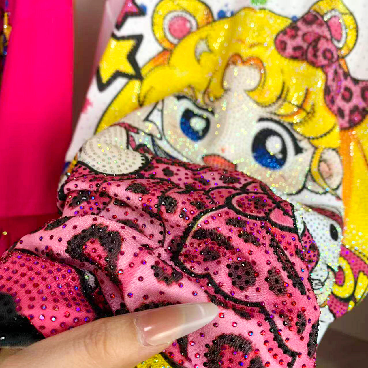 A255 - 320G Heavyweight Sailor Moon Inspired Rhinestone Graphic Tee | Y2K Oversized Cute Cartoon Streetwear T-Shirt Women