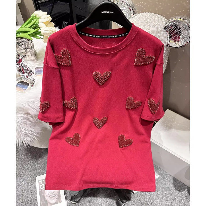 2025 Spring New Creative Design-Brushed Flocking Diamond Heart Short Sleeve