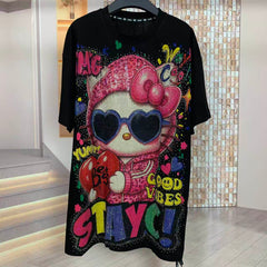 A225 - Hello Kitty Sunglasses Y2K Double-Sided Aesthetic Tee - 320g Heavyweight Breathable Cotton - Premium Rhinestone Bling Streetwear Boxy T-Shirt