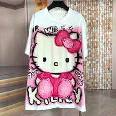 A250 - Washed Distressed Hello Kitty Graphic Oversized Appliqué T-Shirt – Streetwear Cotton Tee