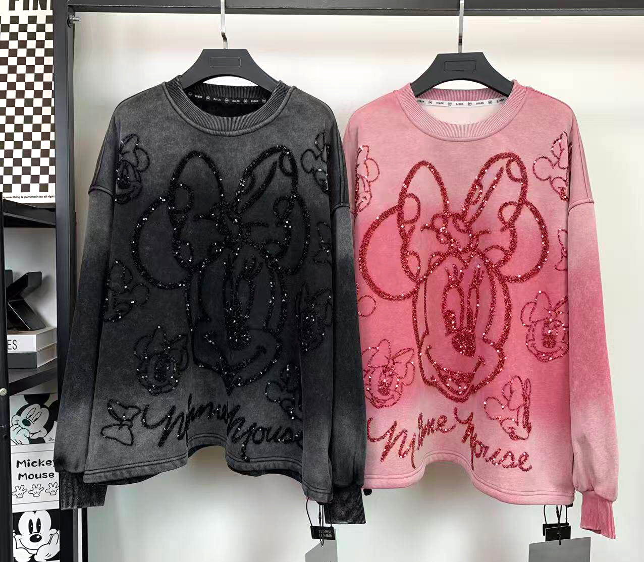 Vintage Washed Sequin Minnie Sweatshirt | Fleece-Lined Oversized Crewneck