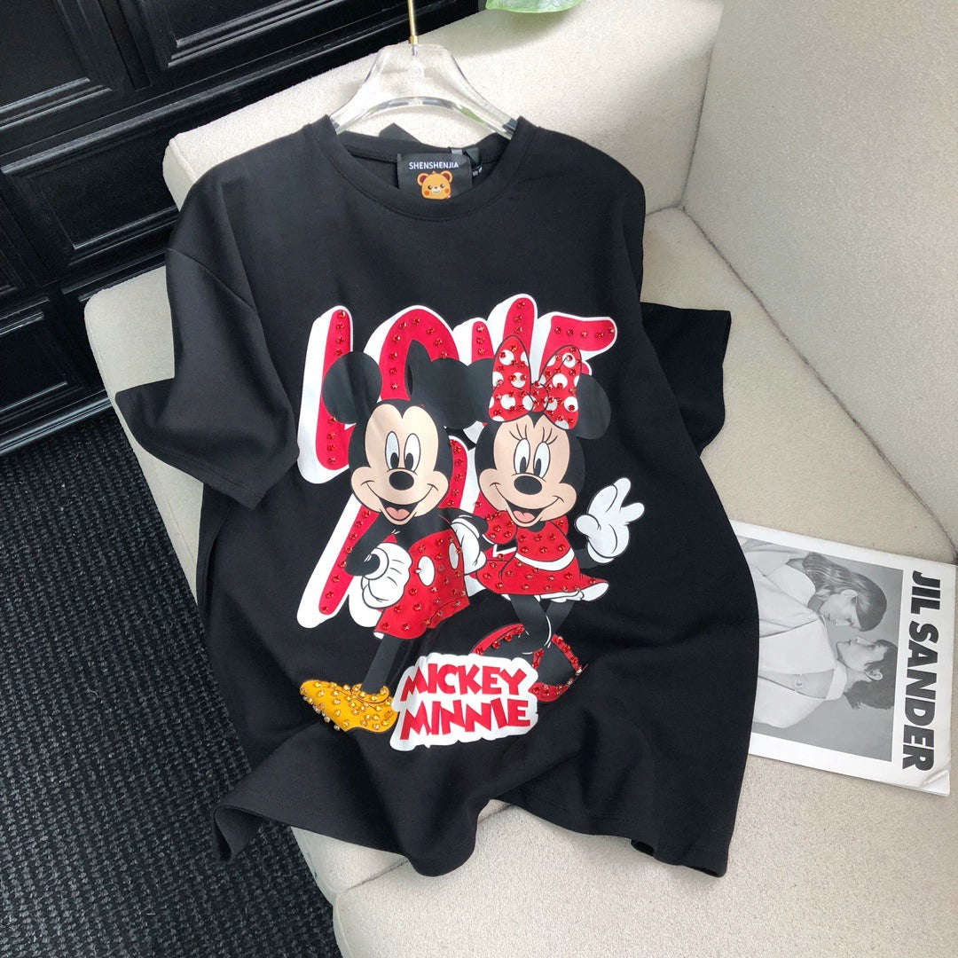 Streetwear Loose-Fit Diamond-Embellished Printed Tee