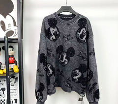 Mickey Distressed Sequin Embroidered Crewneck | Washed Unisex Statement Sweatshirt