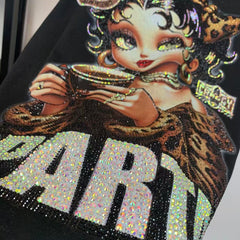 R4 - Rhinestone Betty Girl Oversized Graphic T-Shirt – Sparkling Vintage Cartoon Streetwear Tee