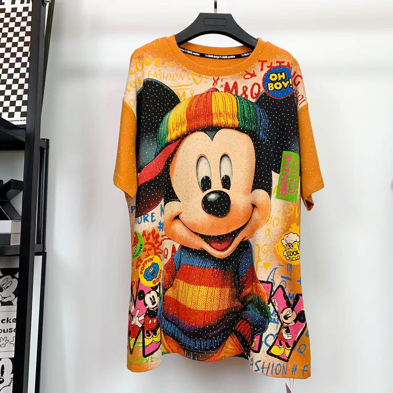 Mickey Rainbow Hat Rhinestone Graphic T-Shirt | Oversized Retro Cartoon Streetwear Tee