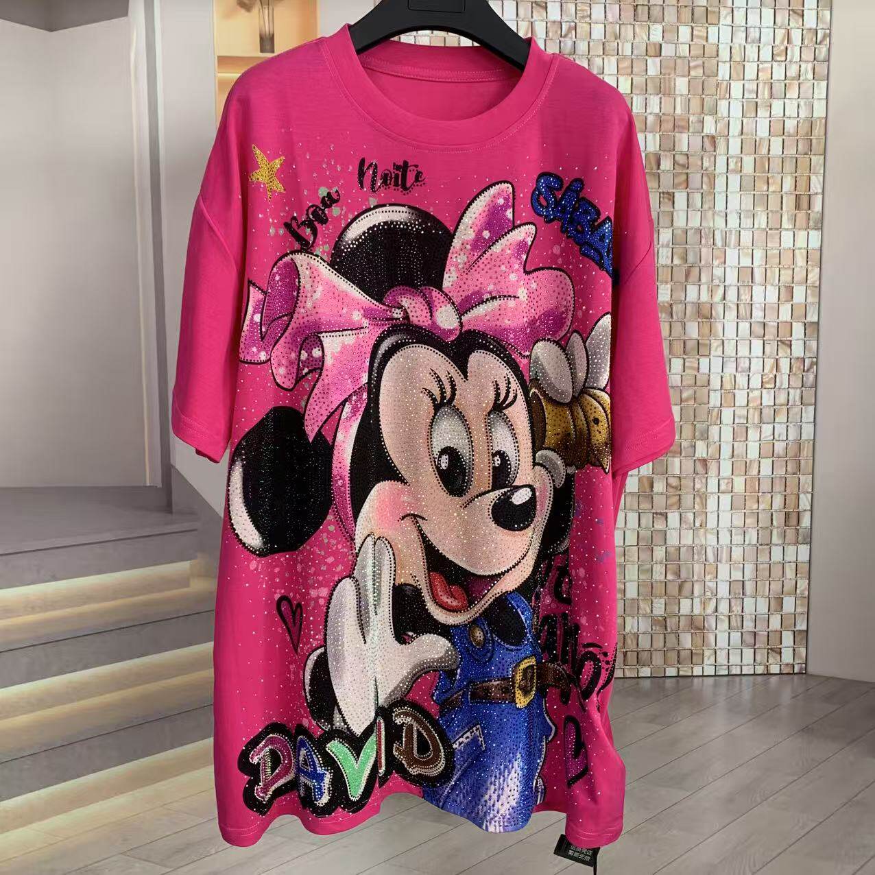 A217 - Minnie Mouse Y2K Multi-Color Rhinestone Tee - 320g Ultra-Heavyweight Cotton - Premium Bling Character Streetwear Boxy T-Shirt