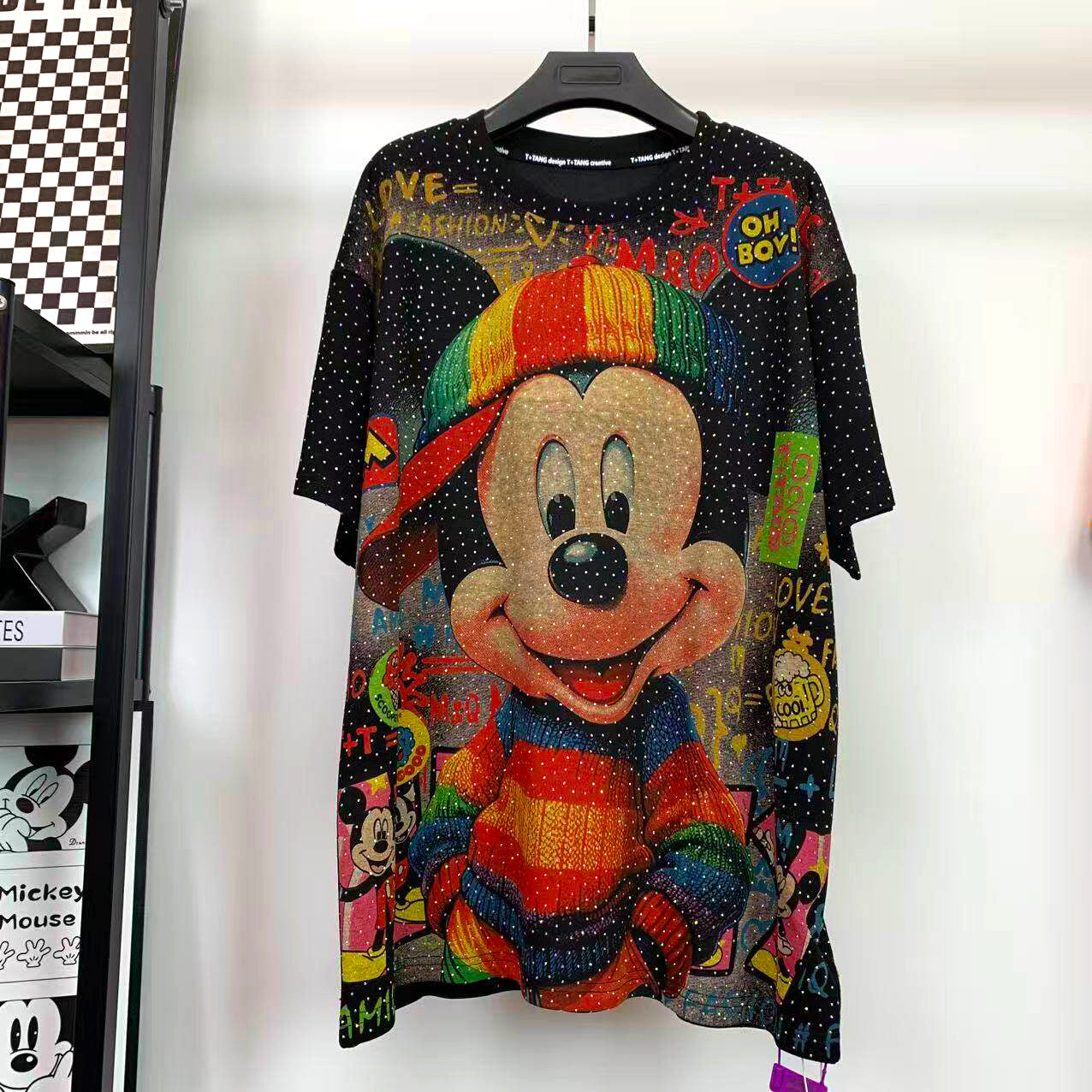 Mickey Rainbow Hat Rhinestone Graphic T-Shirt | Oversized Retro Cartoon Streetwear Tee