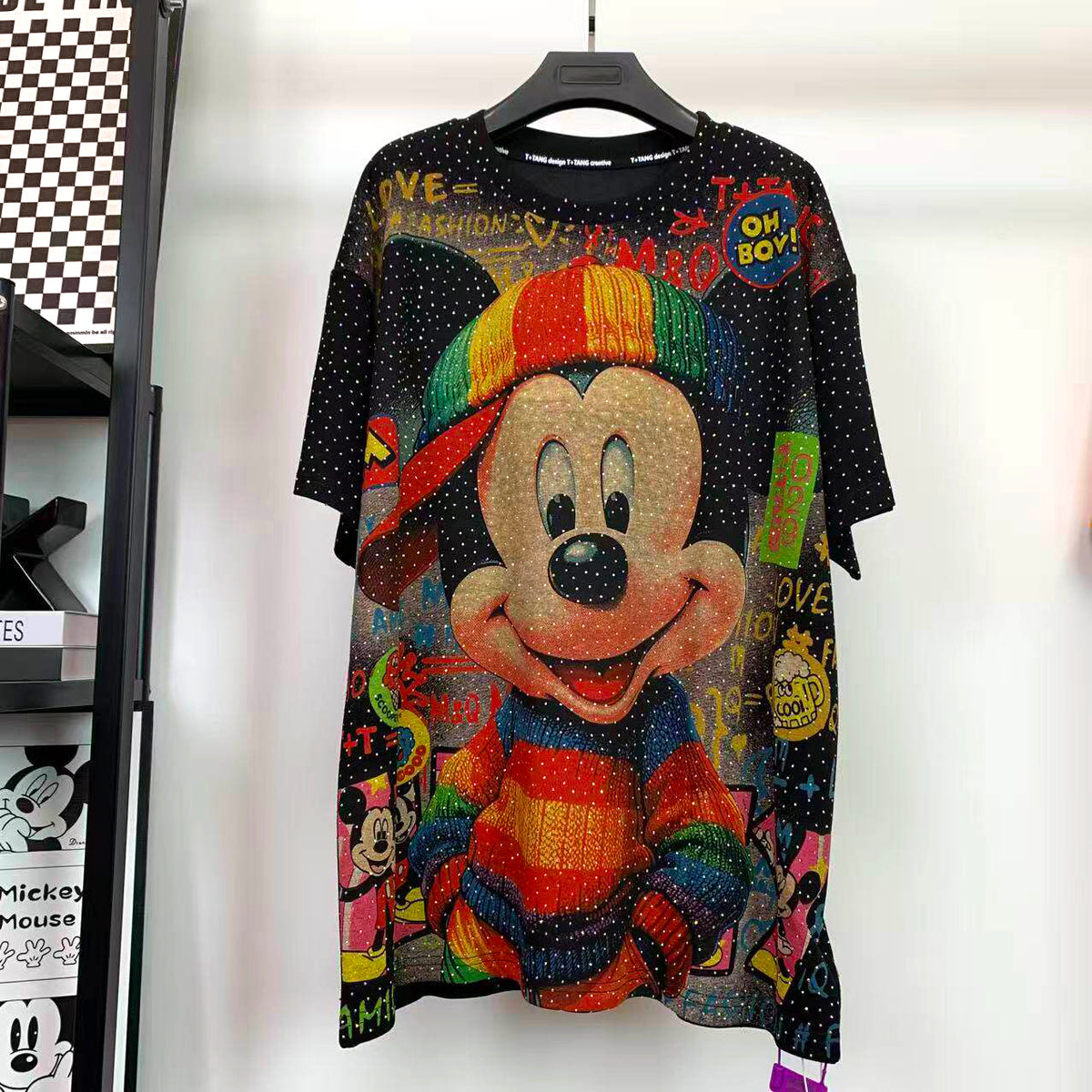 Mickey Rainbow Hat Rhinestone Graphic T-Shirt | Oversized Retro Cartoon Streetwear Tee