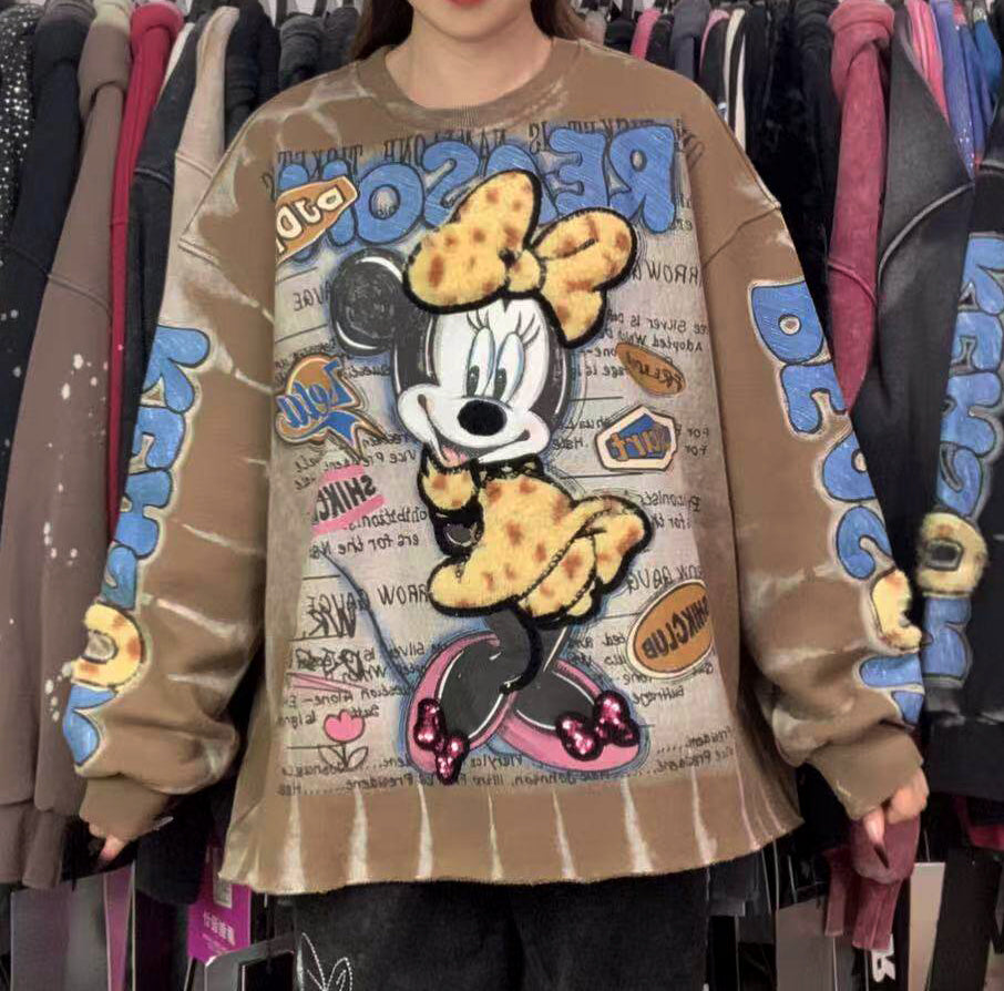 Vintage Washed Leopard Minnie Sweatshirt | 3D Plush Fleece Crewneck