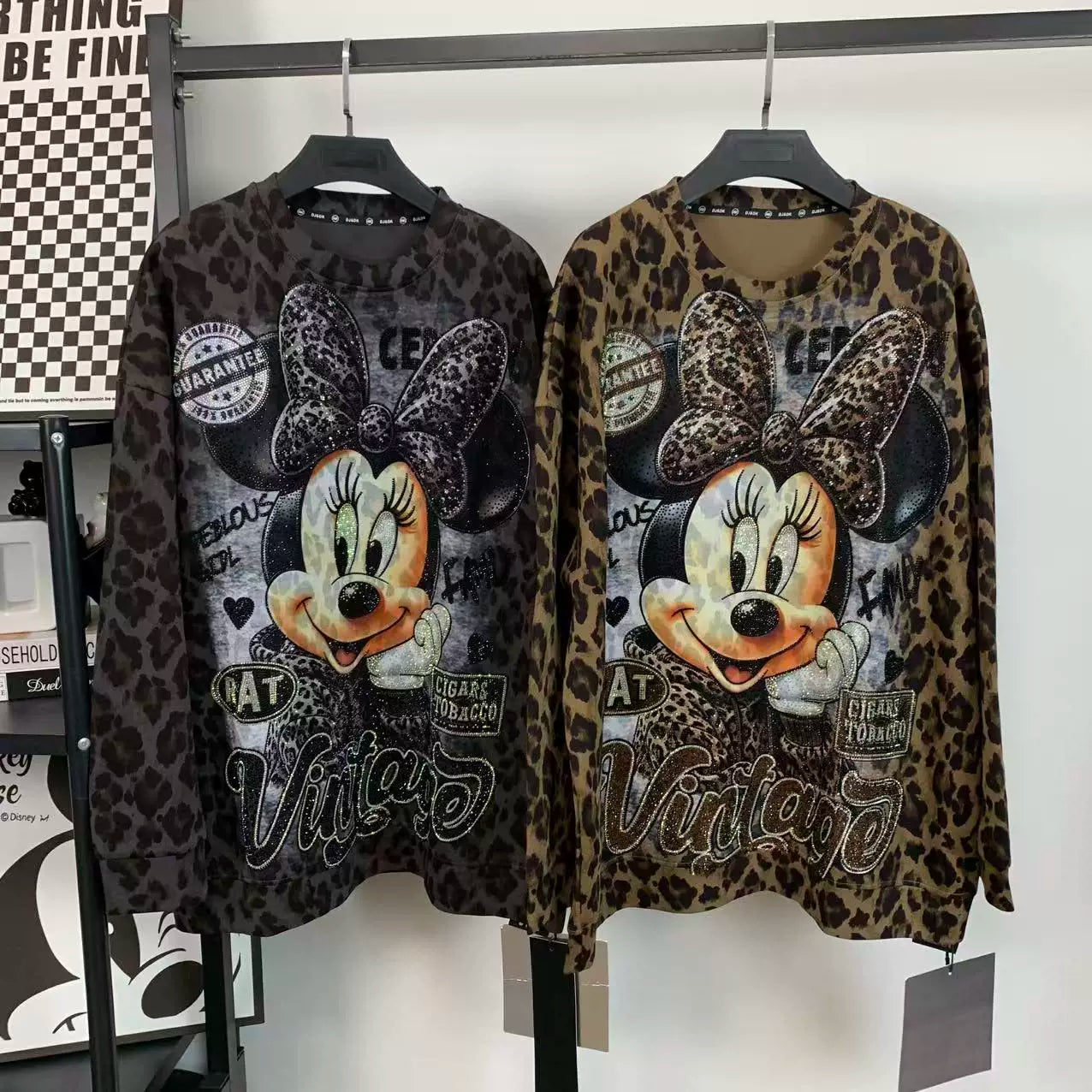 R11 - Pure Cotton Leopard Print Sweatshirt - Luxury Hot-Fix Rhinestone Minnie Mouse Graphic Crewneck Pullover