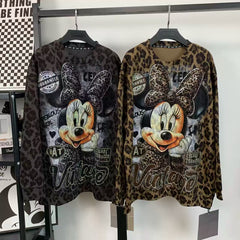 R11 - Pure Cotton Leopard Print Sweatshirt - Luxury Hot-Fix Rhinestone Minnie Mouse Graphic Crewneck Pullover