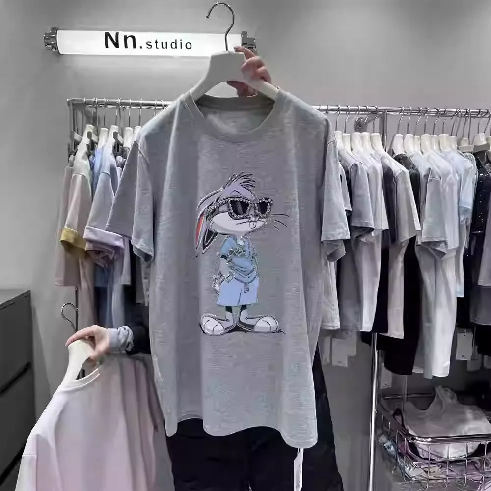 Cartoon Diamond Embellishments + Embroidered Bead Sunglasses Bunny Short-Sleeve T-Shirt