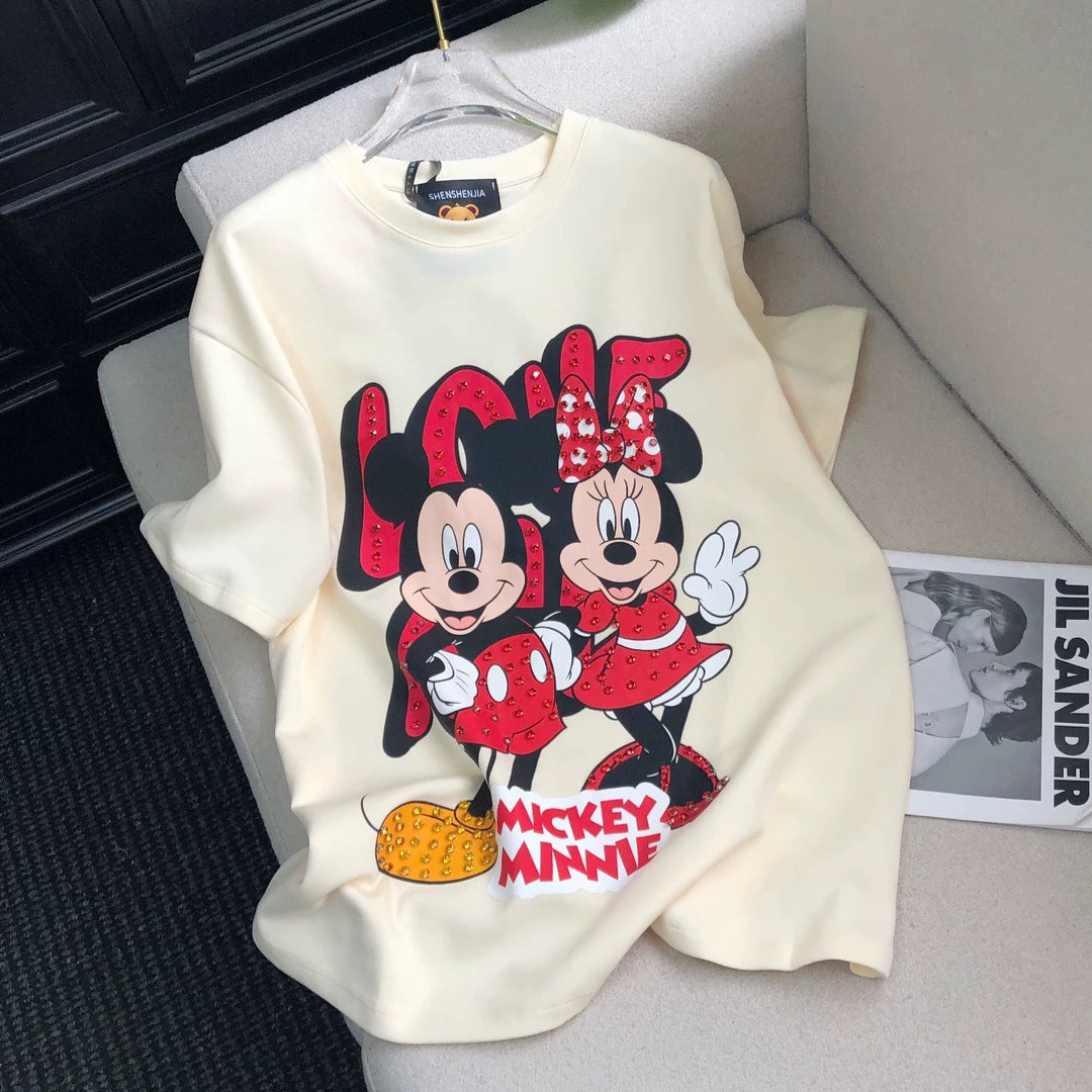 Streetwear Loose-Fit Diamond-Embellished Printed Tee