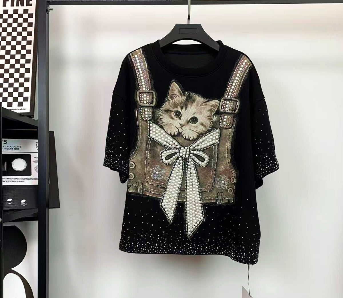 Pearl Bow Cat Rhinestone & Sequin Embellished T-Shirt