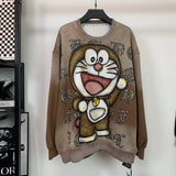 Washed Retro Doraemon Sweatshirt | Rhinestone Oversized Longline Crewneck