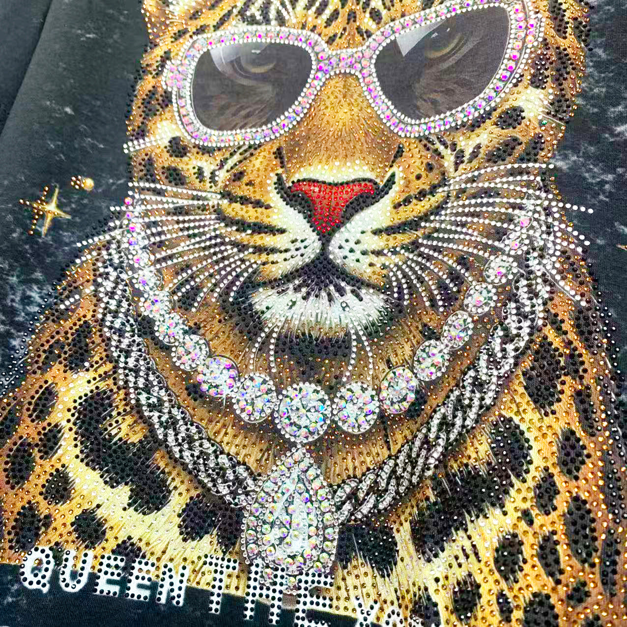 R8 - Oversized Cotton Crewneck T-Shirt with Bling Rhinestone Leopard Print - Wild Streetwear Top
