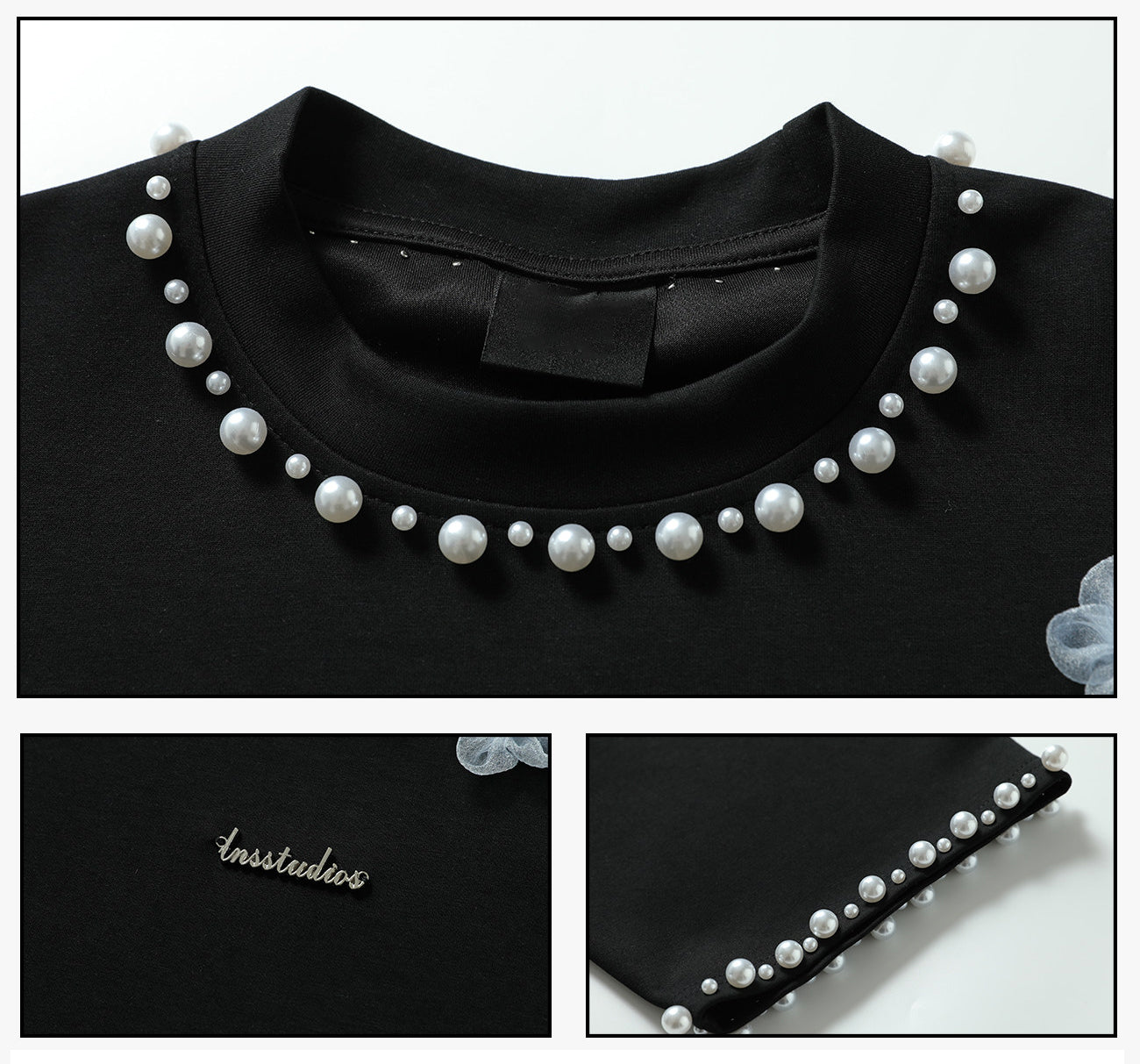 3D Floral Pearl Embellished T-Shirt | Oversized Designer Statement Tee