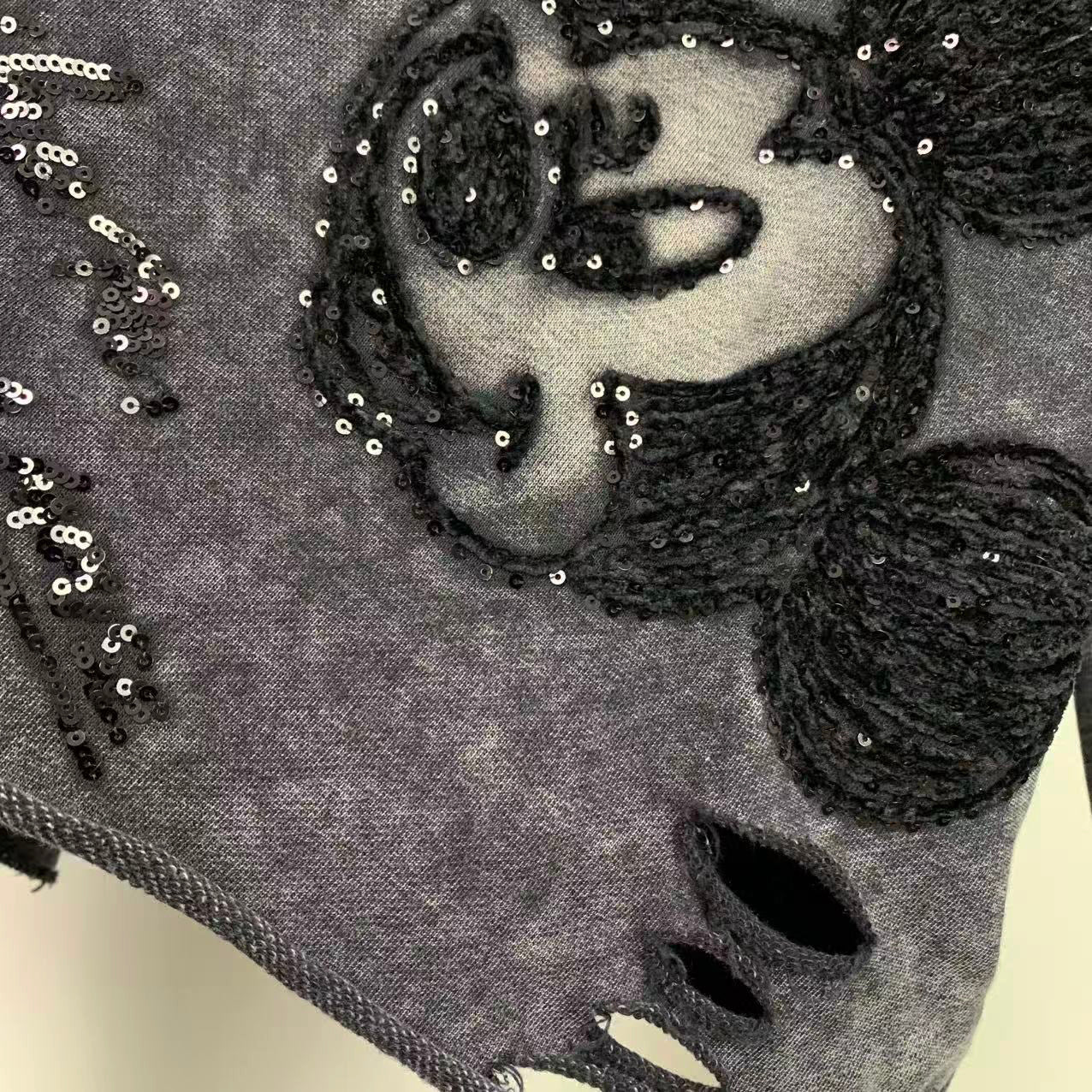 Mickey Distressed Sequin Embroidered Crewneck | Washed Unisex Statement Sweatshirt