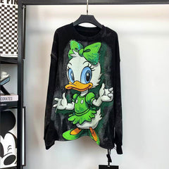 R12 - Vintage Wash Pure Cotton Sweatshirt - Luxury Sequin Embroidered Daisy Duck Graphic Pullover