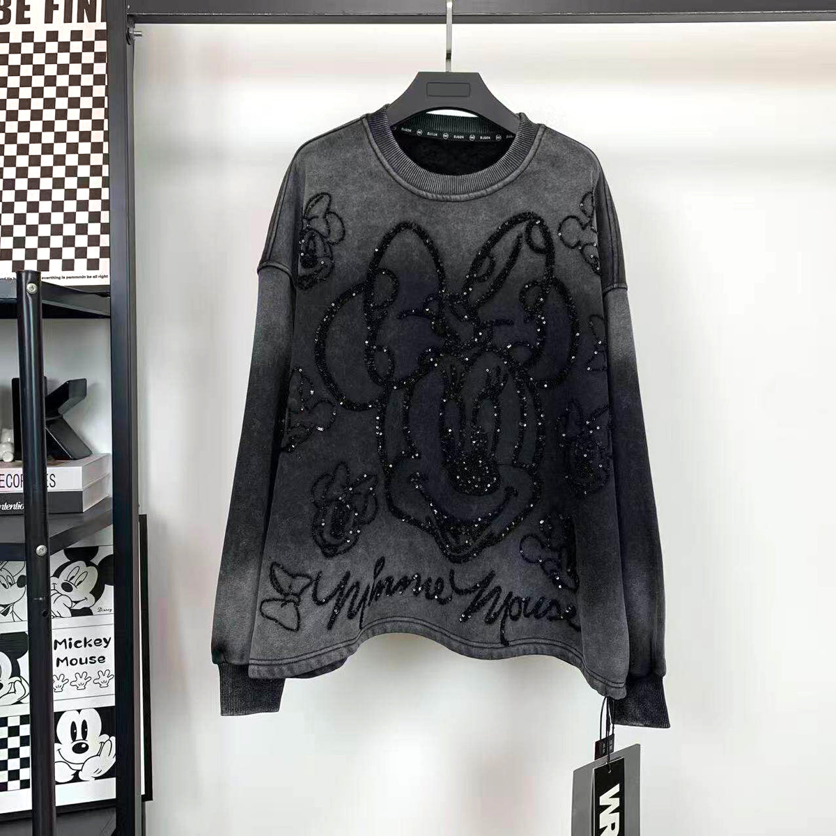 Vintage Washed Sequin Minnie Sweatshirt | Fleece-Lined Oversized Crewneck