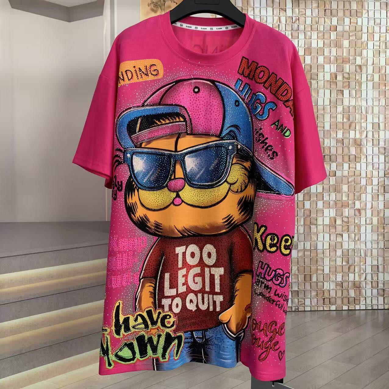 A216 - Garfield Y2K Multi-Color Rhinestone Tee - 320g Ultra-Heavyweight Cotton - Premium Bling Character Streetwear Boxy T-Shirt