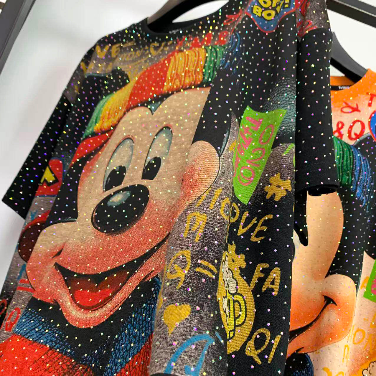 Mickey Rainbow Hat Rhinestone Graphic T-Shirt | Oversized Retro Cartoon Streetwear Tee