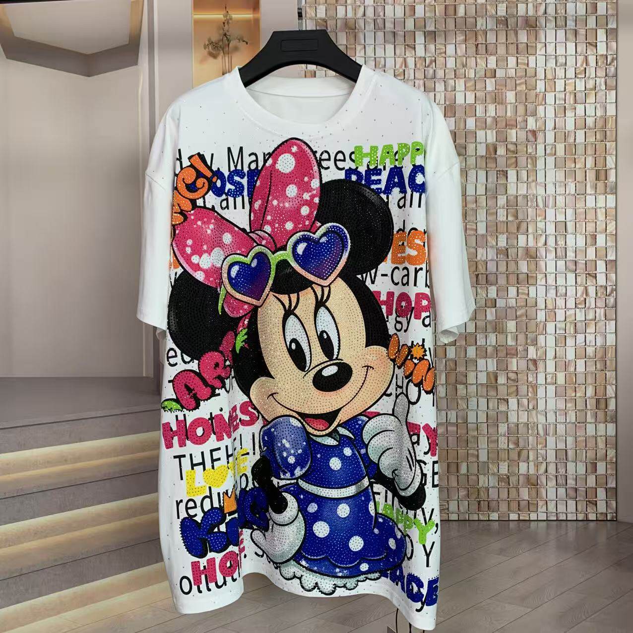 A210 - Minnie Mouse Sparkle Boxy Tee - 320g Heavyweight Premium Cotton - Rhinestone Graphic Double-Sided Streetwear