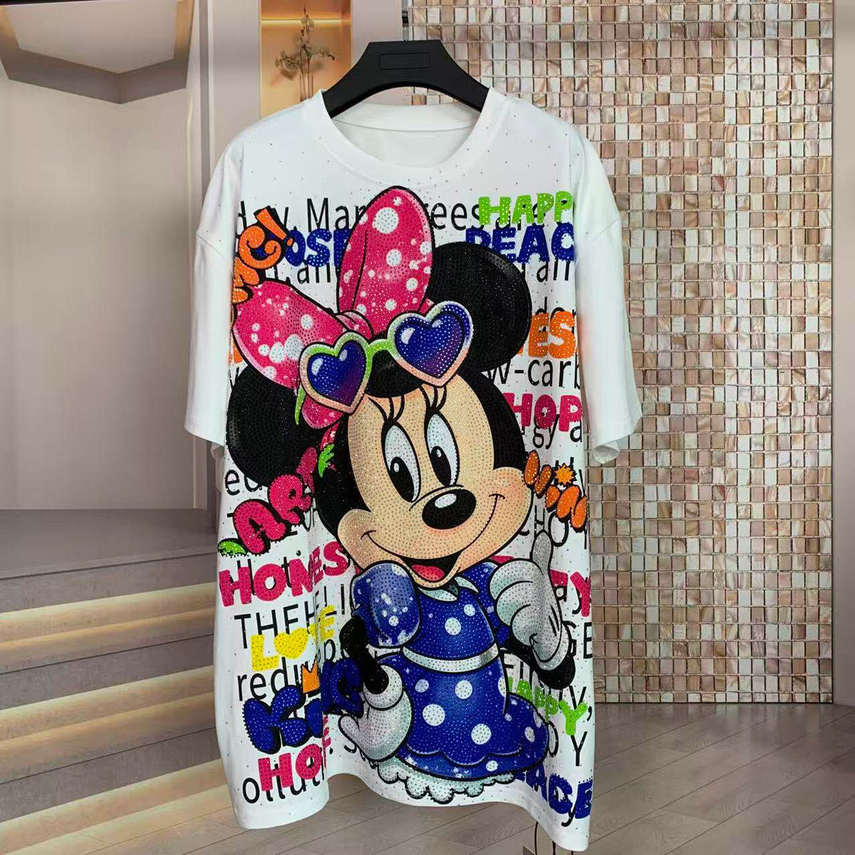 A210 - Minnie Mouse Sparkle Boxy Tee - 320g Heavyweight Premium Cotton - Rhinestone Graphic Double-Sided Streetwear