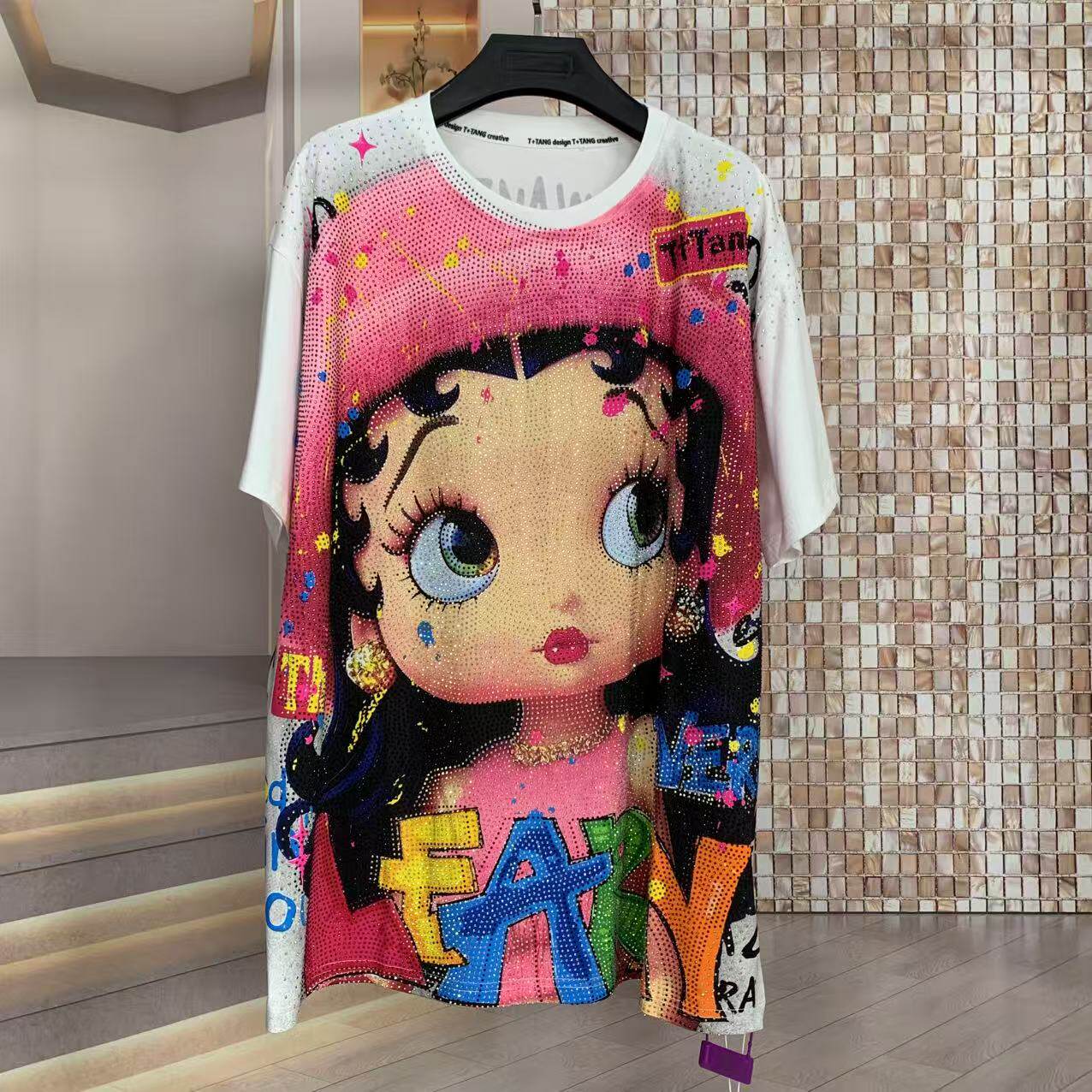 A245 - Betty Boop Rhinestone Embellished Oversized Graphic Tee
