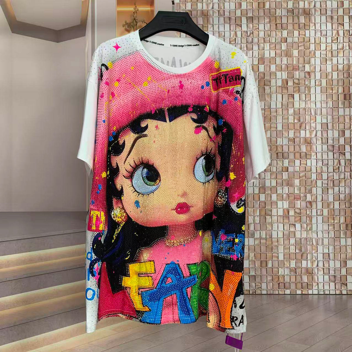 A245 - Betty Boop Rhinestone Embellished Oversized Graphic Tee