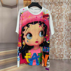 A245 - Betty Boop Rhinestone Embellished Oversized Graphic Tee