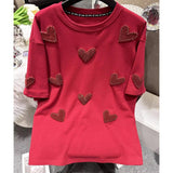 2025 Spring New Creative Design-Brushed Flocking Diamond Heart Short Sleeve