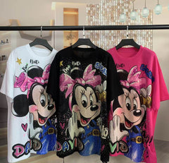 A217 - Minnie Mouse Y2K Multi-Color Rhinestone Tee - 320g Ultra-Heavyweight Cotton - Premium Bling Character Streetwear Boxy T-Shirt