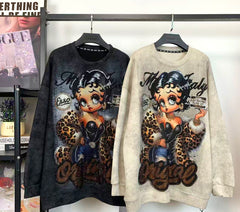 R18 - Rhinestone Betty Graphic Oversized Sweatshirt – Sparkling Vintage Cartoon Style