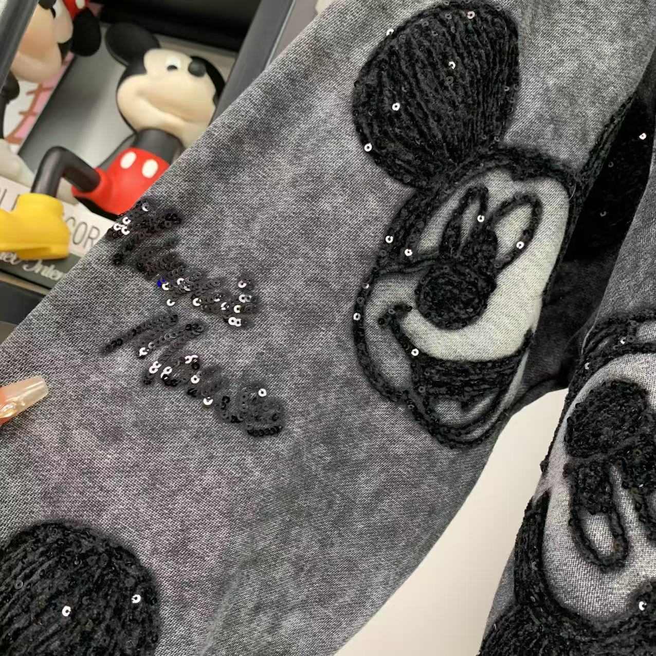 Mickey Distressed Sequin Embroidered Crewneck | Washed Unisex Statement Sweatshirt