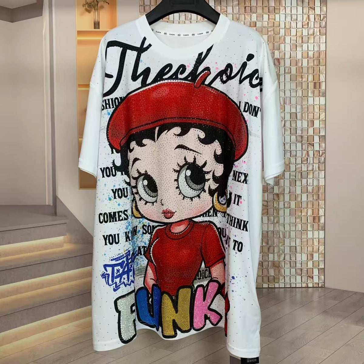 Betty Boop Rhinestone Oversized T-Shirt – Sparkle Streetwear Tee With Double-Sided Design