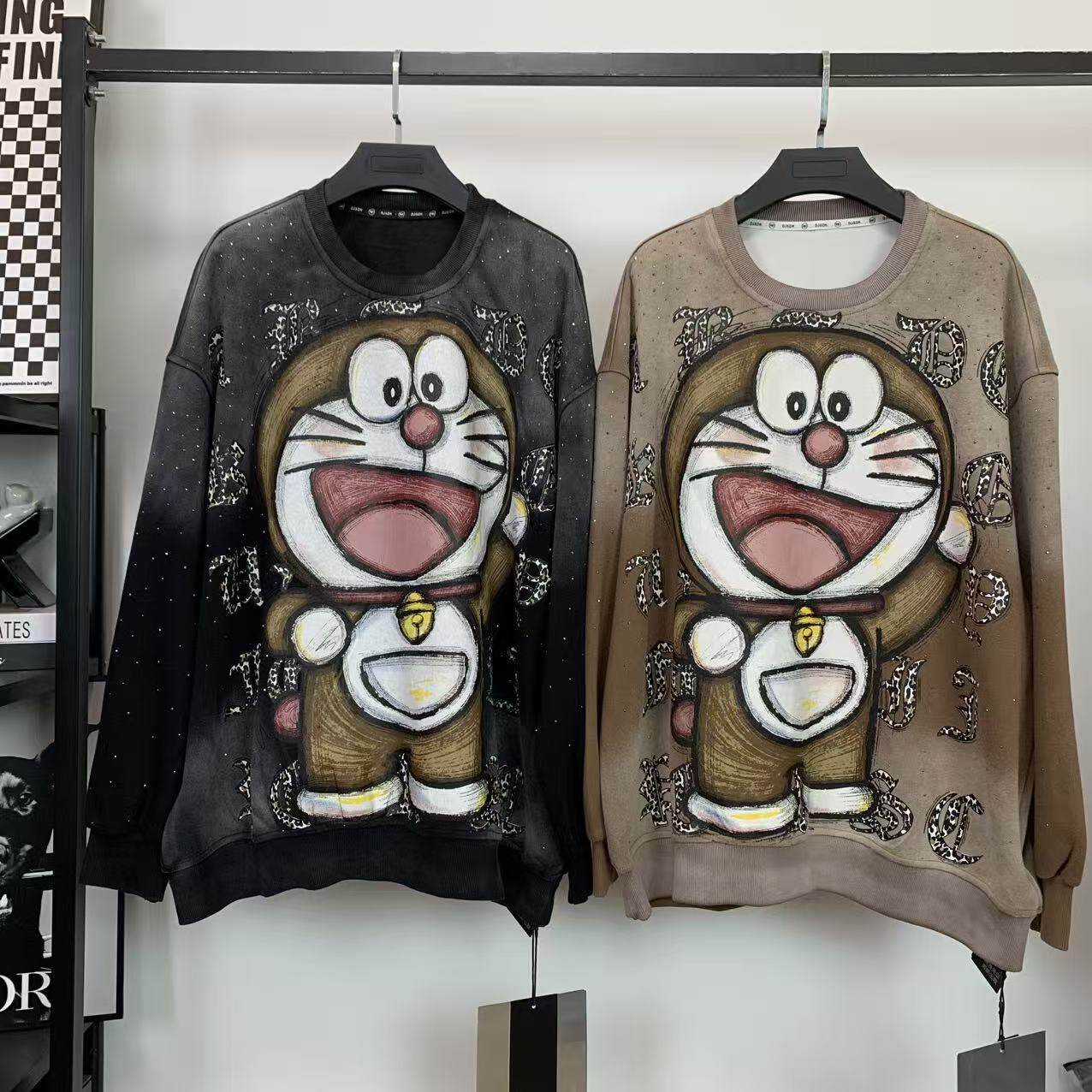 Washed Retro Doraemon Sweatshirt | Rhinestone Oversized Longline Crewneck