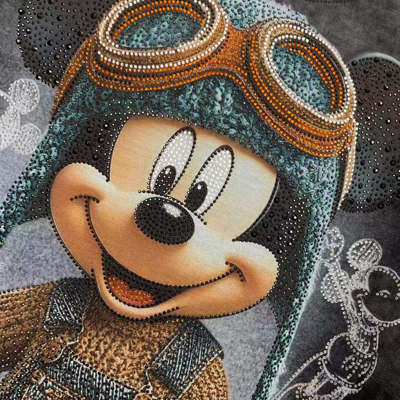 Vintage Washed Rhinestone Aviator Mickey Sweatshirt | Oversized Graphic Crewneck