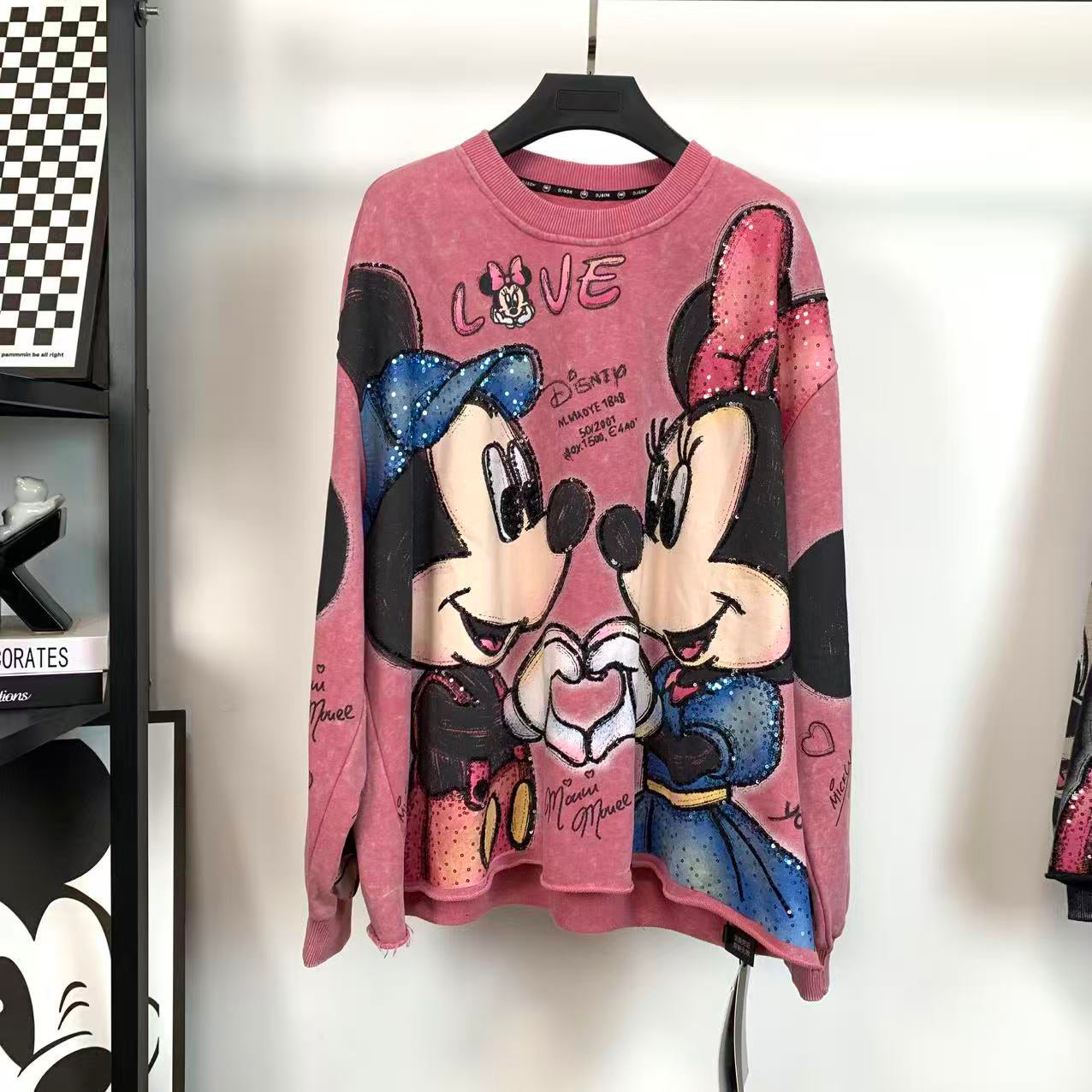 R10 - Pure Cotton Crewneck Sweatshirt - Luxury Sequin Embroidered Mickey & Minnie Graphic Pullover