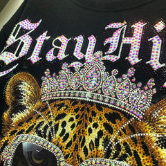R8 - Oversized Cotton Crewneck T-Shirt with Bling Rhinestone Leopard Print - Wild Streetwear Top