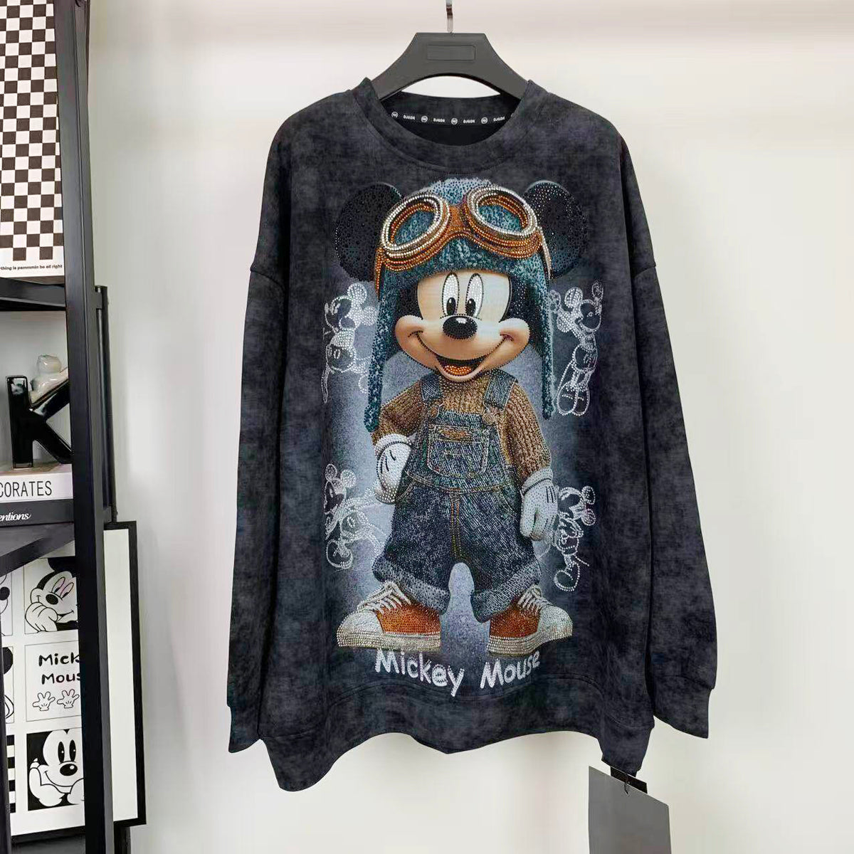 Vintage Washed Rhinestone Aviator Mickey Sweatshirt | Oversized Graphic Crewneck